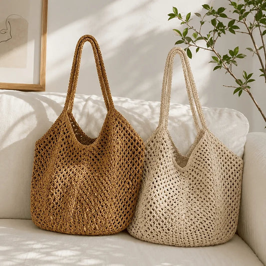 Women Large‑Capacity Woven Tote Bag, Light Breathable Open‑Top Shoulder Handbag for Beach Travel Shopping Commute Daily Use