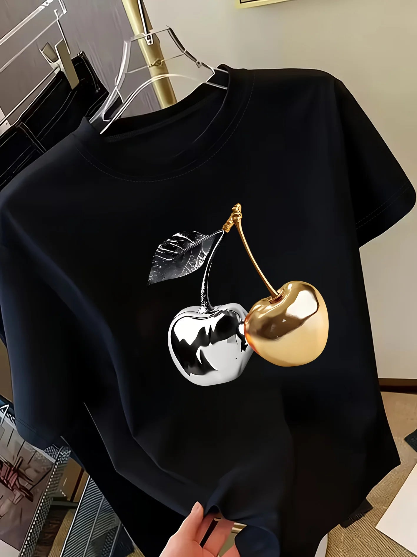 Golden Cherry Print Short Sleeve Casual T-Shirt