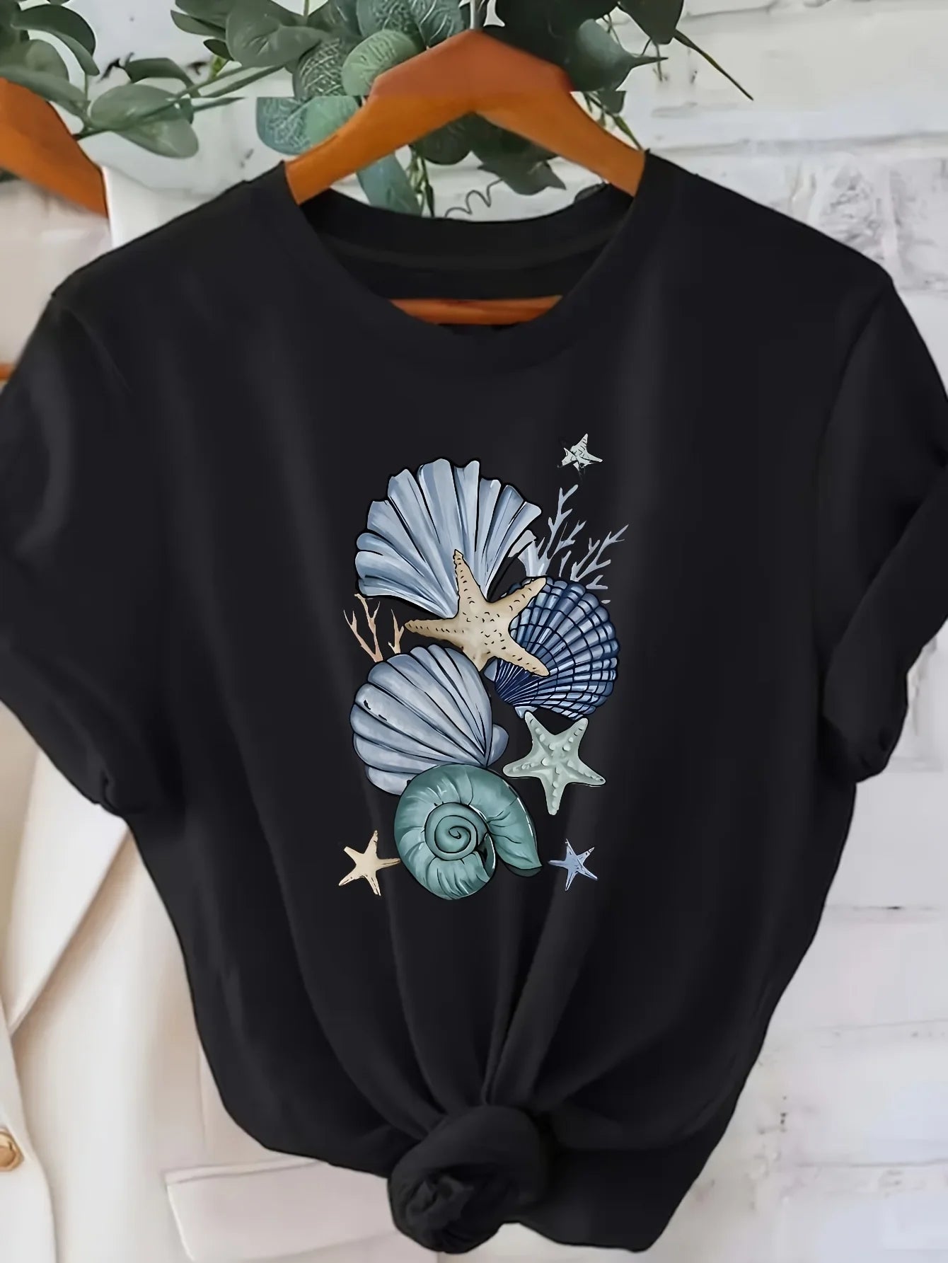 Coastal Seashell & Starfish Print Short Sleeve T-Shirt