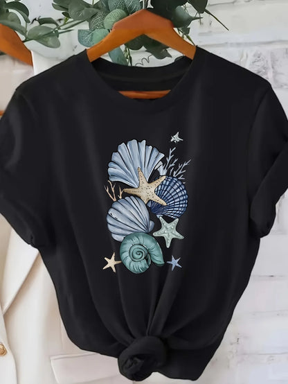 Coastal Seashell & Starfish Print Short Sleeve T-Shirt