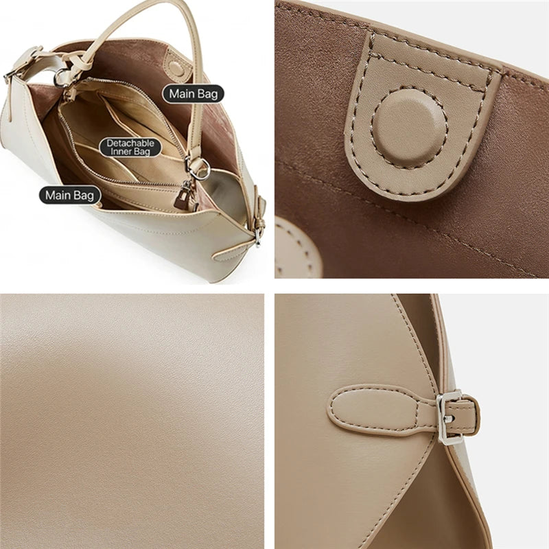 BURMINSA Large Genuine Leather Work Shoulder Bag Women Vintage Brown Cowhide Tote Bag Daily Office Commuter Crossbody Handbags