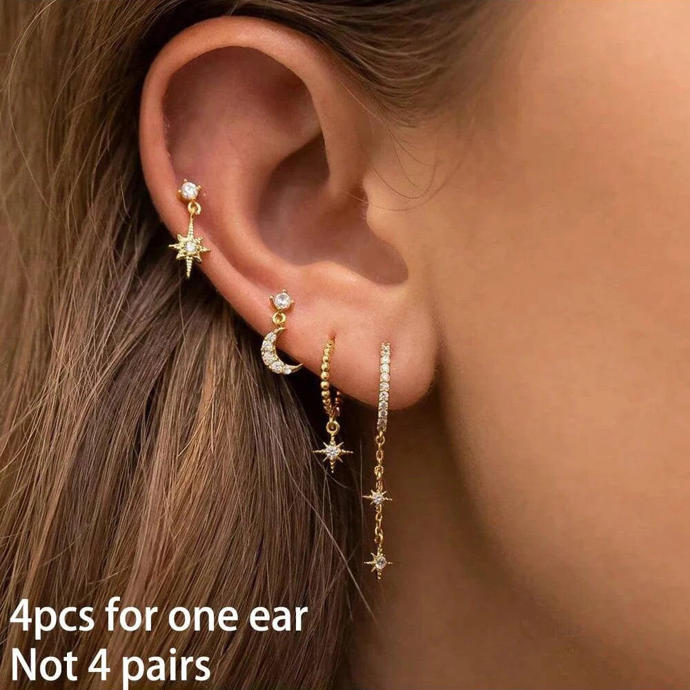 4-Piece Stainless Steel Zircon Huggie Hoop Earrings Set for Women
