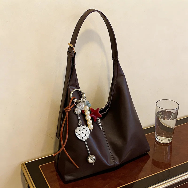 Elegant Shoulder Underarm Bags with Pendant Solid Color Synthetic Leather Handbags for Women Everyday Travel  Shopping, Parties