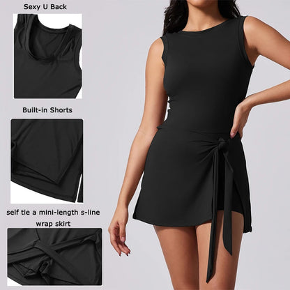 Sleeveless Athletic Tennis Dress with Built-In Shorts & Boat Neck
