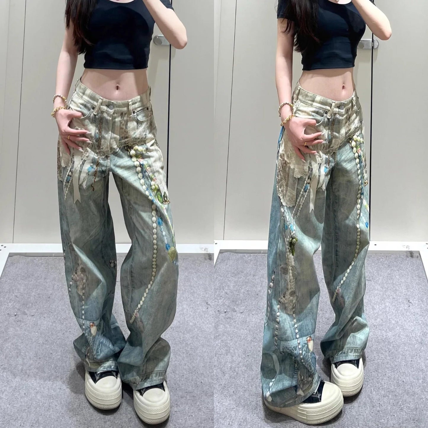 Premium High-Waist Straight Leg Jeans with Lace, Pearl & Chain Detail