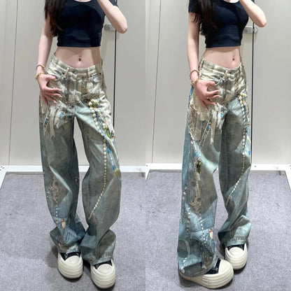 Premium High-Waist Straight Leg Jeans with Lace, Pearl & Chain Detail