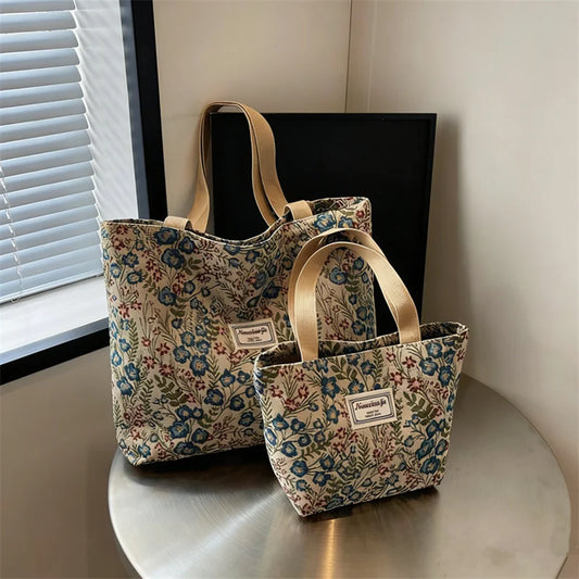 Embroidery Floral Canvas Handbags Delicate Blossom Pattern Tote Shoulder Bag for Women, Casual Outing, Work, Everyday Essentials