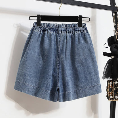 High Waist Plus Size Loose Fit Wide Leg Stretch Denim Shorts