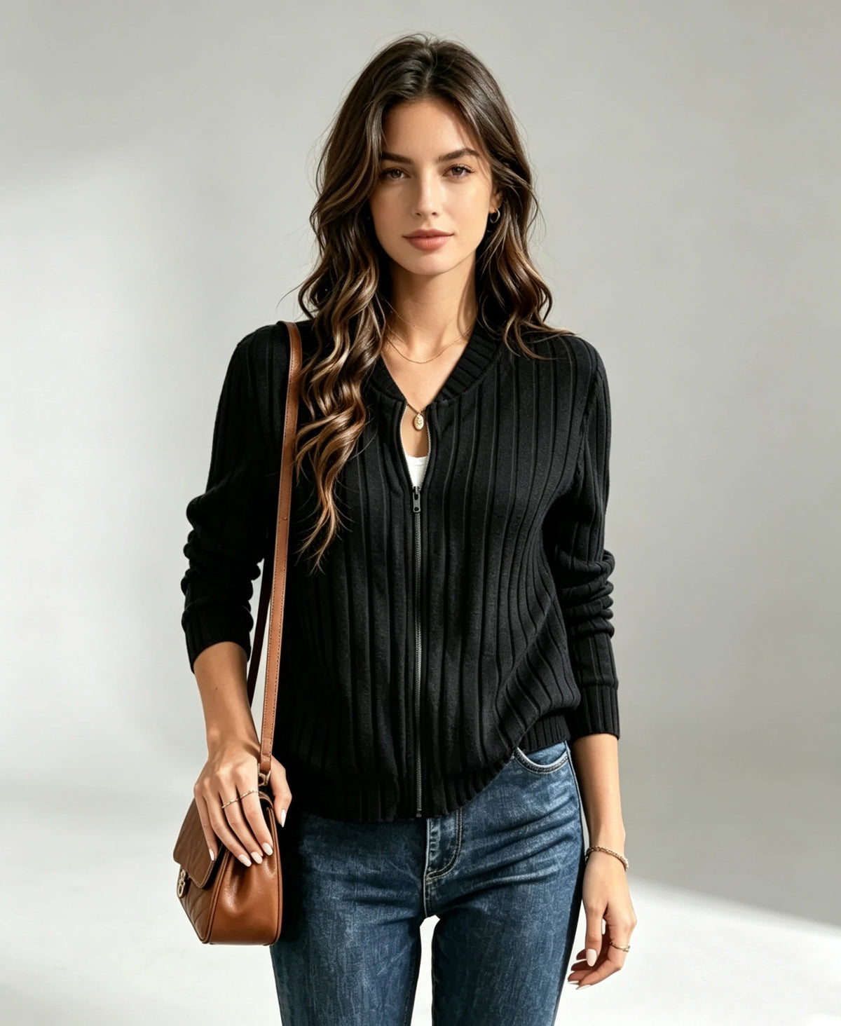 Ladies Autumn Winter Solid Color Ribbed Zipper Long Sleeve Jacket Outerwear