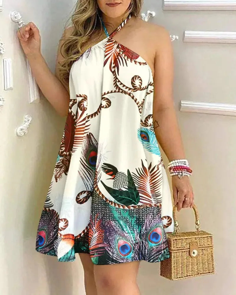 Bohemian Floral Print Halter Neck Backless Dress