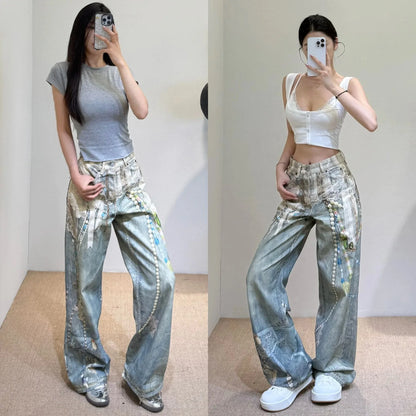 Premium High-Waist Straight Leg Jeans with Lace, Pearl & Chain Detail