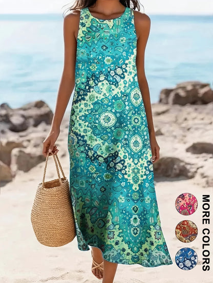 Sleeveless Bohemian Floral Midi Dress with Pockets