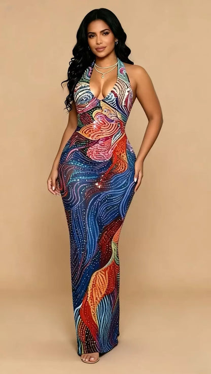 Plus Size Sheer Mesh Party Dress with Low Back & Rhinestone Detail