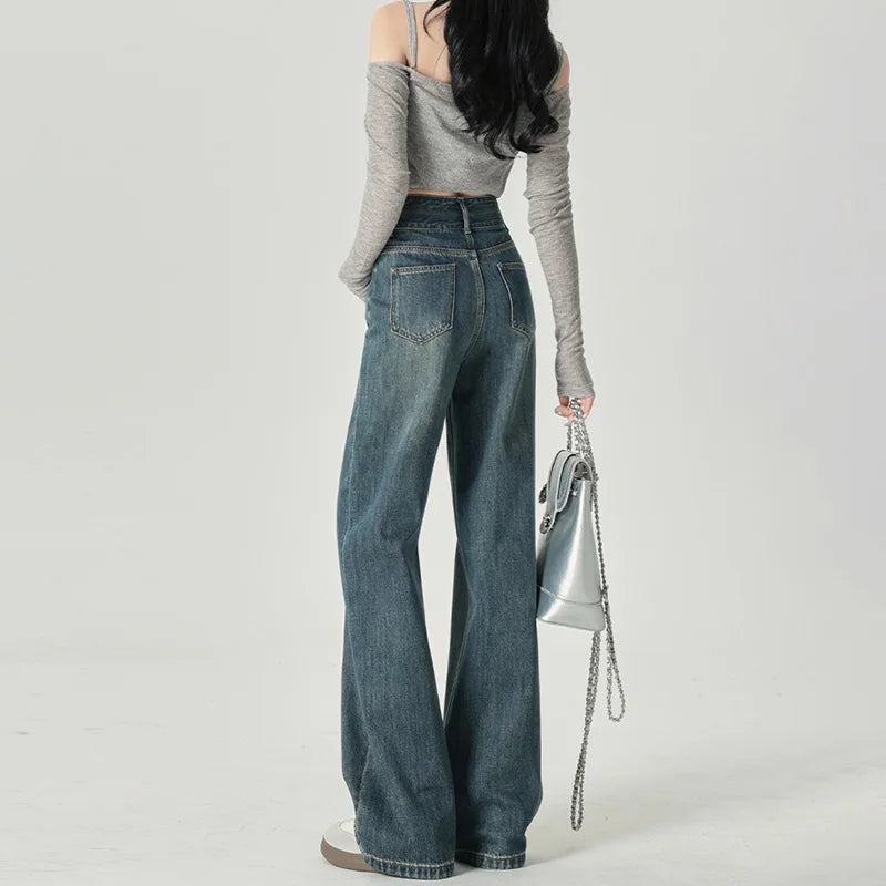 High-Waist Wide Leg Jeans with Contrast Panel Detail