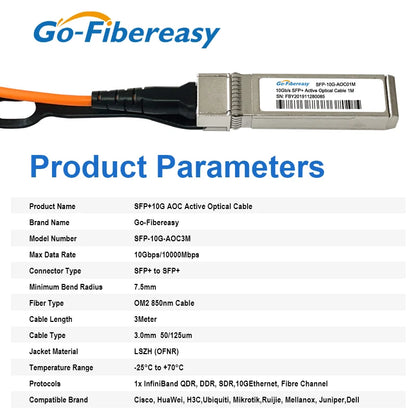 10Gb SFP+ to SFP+ Active Optical Cable (AOC) OM2 LSZH Fiber Cable for High-Speed Network Switch Connections