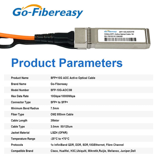 10Gb SFP+ to SFP+ Active Optical Cable (AOC) OM2 LSZH Fiber Cable for High-Speed Network Switch Connections