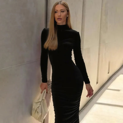 Bodycon Turtleneck Midi Dress with Long Sleeves