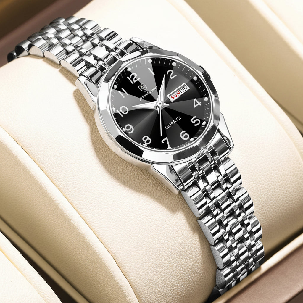 Luxury Stainless Steel Quartz Wrist Watch with Luminous Week & Date Display