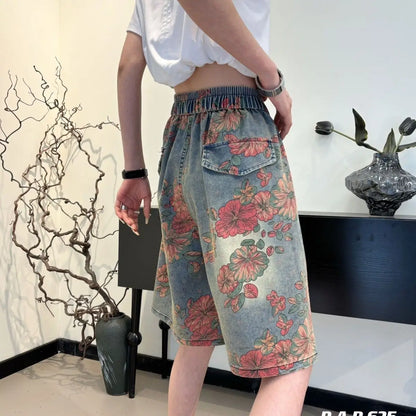 High Waist Floral Print Denim Shorts with Utility Pockets