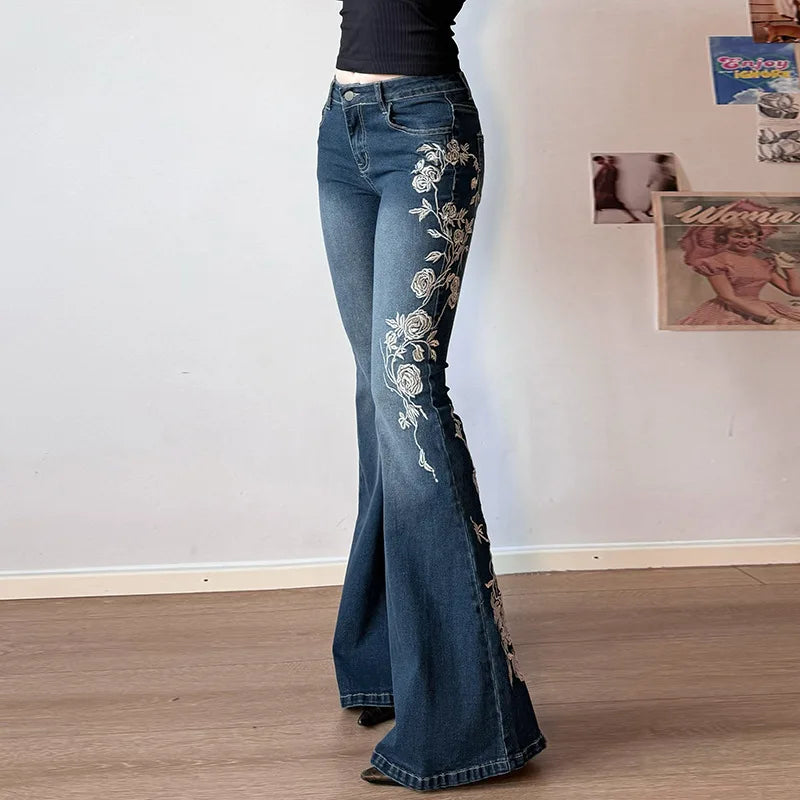 Low-Rise Flared Denim Jeans with Embroidered Distressed Wash