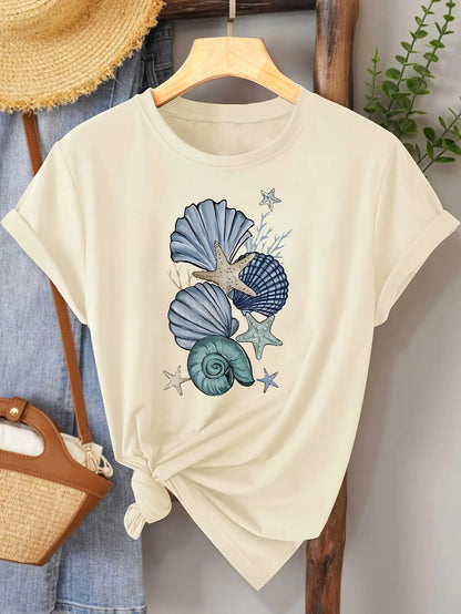Coastal Seashell & Starfish Print Short Sleeve T-Shirt