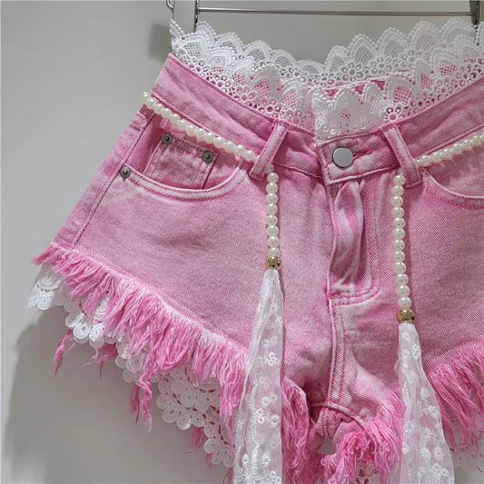 Raw Hem Denim Shorts with Crochet Lace Trim & Pearl Belt