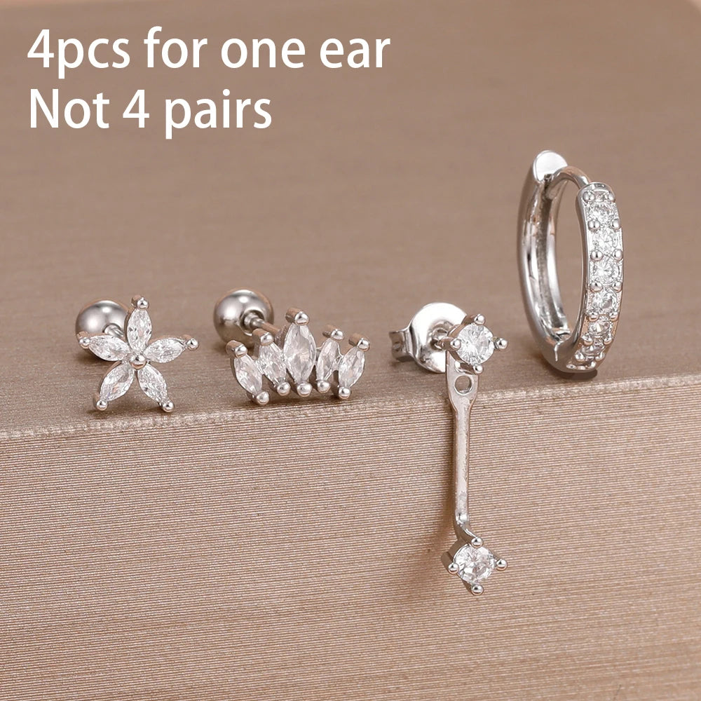 4-Piece Stainless Steel Zircon Huggie Hoop Earrings Set for Women