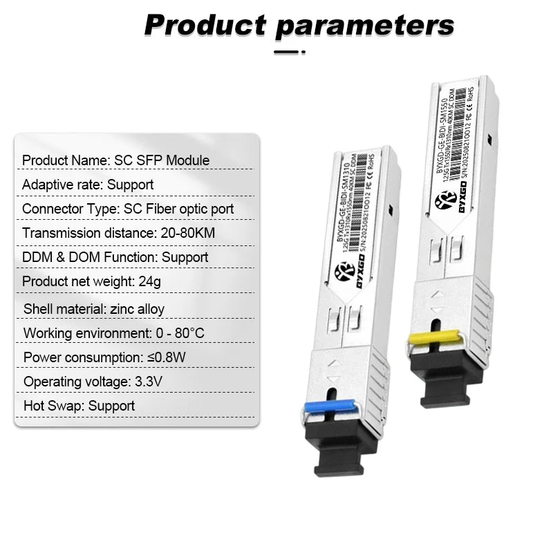 1.25G Single Mode SC BiDi SFP Fiber Optic Transceiver Module Pair for Gigabit Networks
