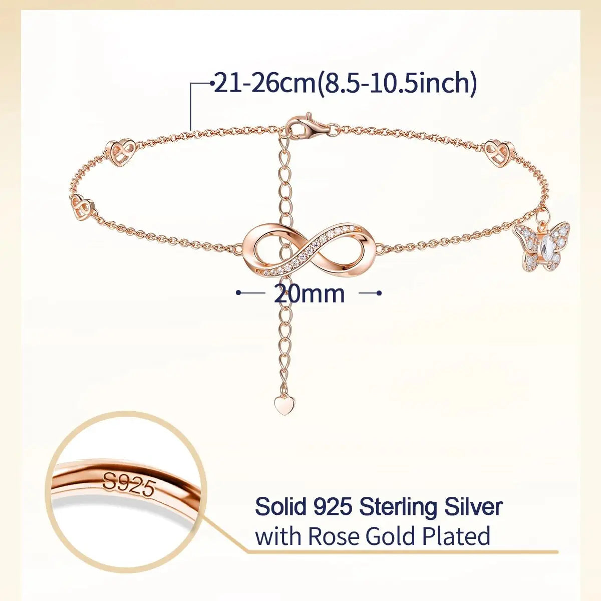925 Sterling Silver Moissanite Anklet with Infinity, Heart & Butterfly Charms
