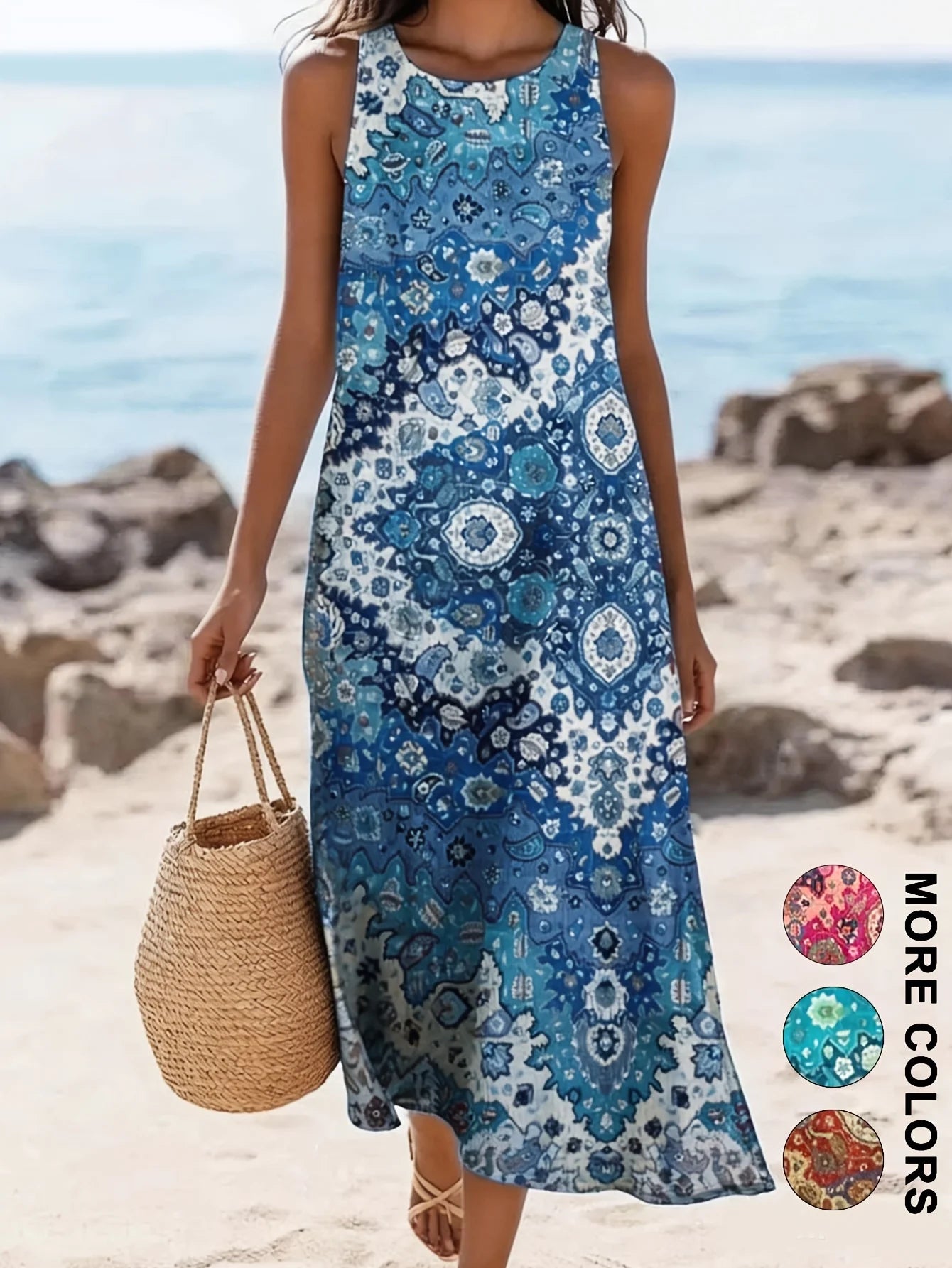 Sleeveless Bohemian Floral Midi Dress with Pockets