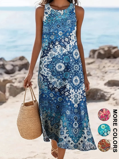 Sleeveless Bohemian Floral Midi Dress with Pockets