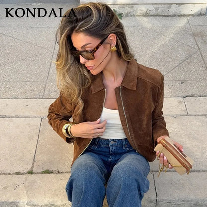 KONDALA 2025 Fall Winter Suede Zip Up Streetwear Women Jackets Fashion Casual Turndown Collar Brown Chic Elegant Ladies Jackets