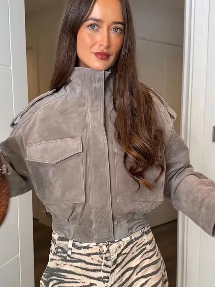 Faux Suede Short Zip-Up Jacket
