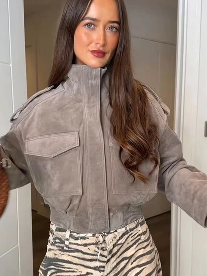 Faux Suede Short Zip-Up Jacket