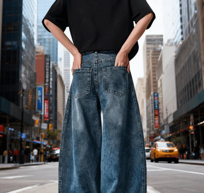 Vintage Washed Distressed Wide Leg Denim Jeans with Stripe Detail