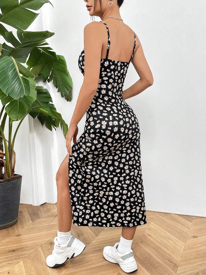 Strapless Floral Print Maxi Dress with High Slit