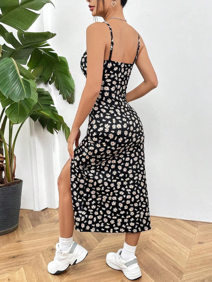 Strapless Floral Print Maxi Dress with High Slit