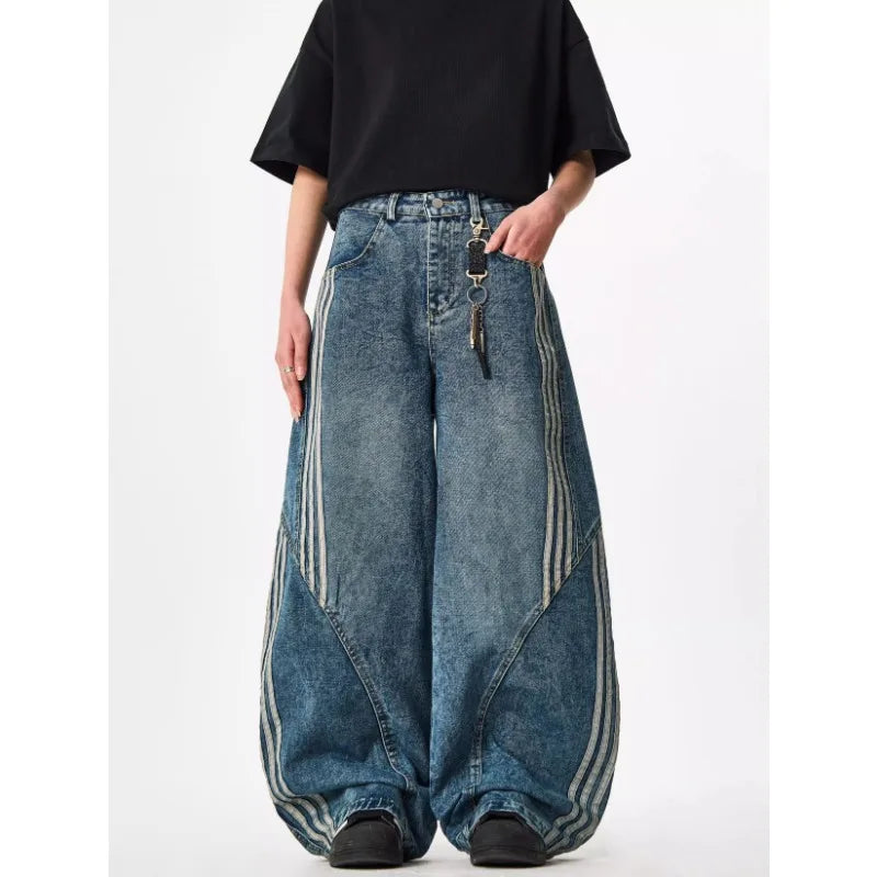 Vintage Washed Distressed Wide Leg Denim Jeans with Stripe Detail