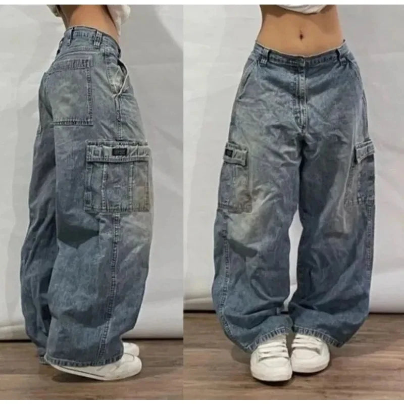 Relaxed Fit Wide Leg Denim Pants with Geometric Embroidery