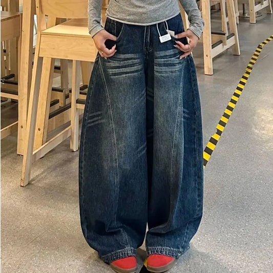 Premium Vintage Washed Wide Leg Cargo Jeans with Relaxed Baggy Fit