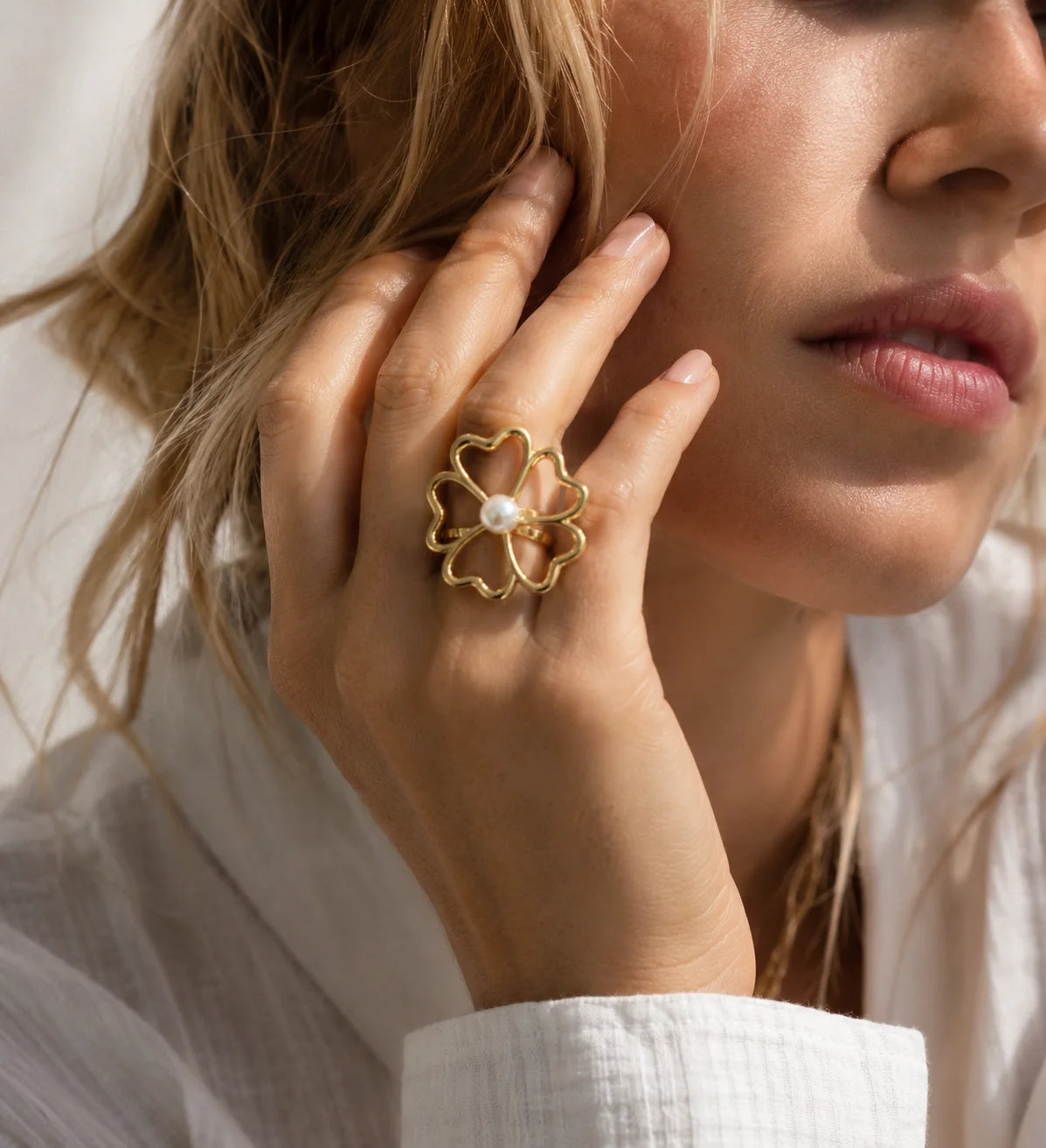 18K Gold Plated Vintage Hollow Floral Statement Ring for Women