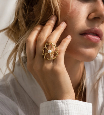 18K Gold Plated Vintage Hollow Floral Statement Ring for Women