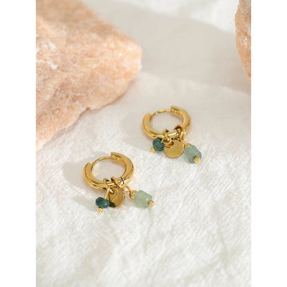 18K Gold Plated Stainless Steel Hoop Earrings with Natural Green Stone