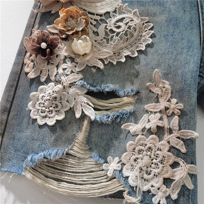 Lace Patchwork Wide Leg Denim Shorts