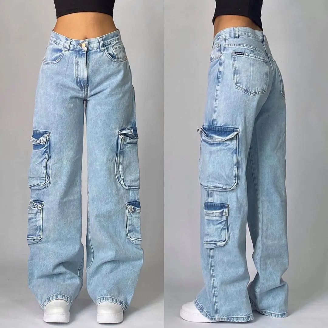 Relaxed Fit Wide Leg Denim Pants with Geometric Embroidery