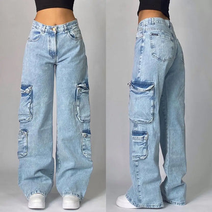Relaxed Fit Wide Leg Denim Pants with Geometric Embroidery