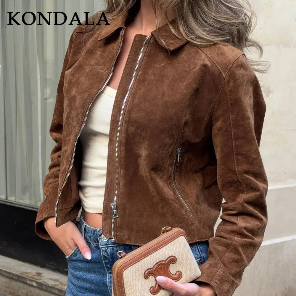KONDALA 2025 Fall Winter Suede Zip Up Streetwear Women Jackets Fashion Casual Turndown Collar Brown Chic Elegant Ladies Jackets