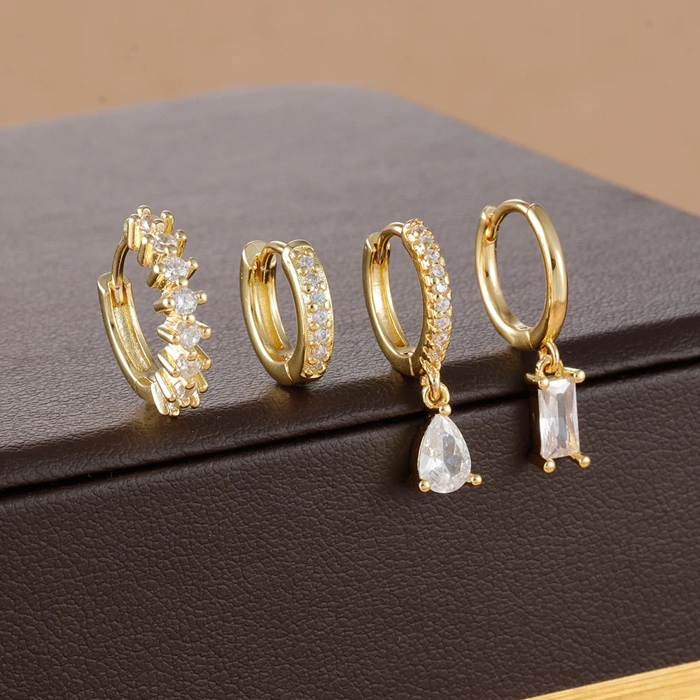 4-Piece Stainless Steel Zircon Huggie Hoop Earrings Set for Women