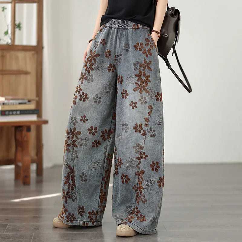 Premium Wide Leg Denim Jeans with Jacquard Flocked Detail & Elastic Waist