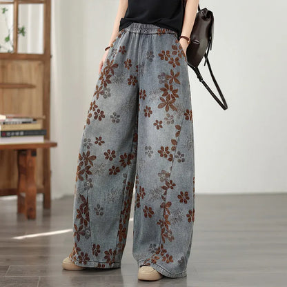 Premium Wide Leg Denim Jeans with Jacquard Flocked Detail & Elastic Waist